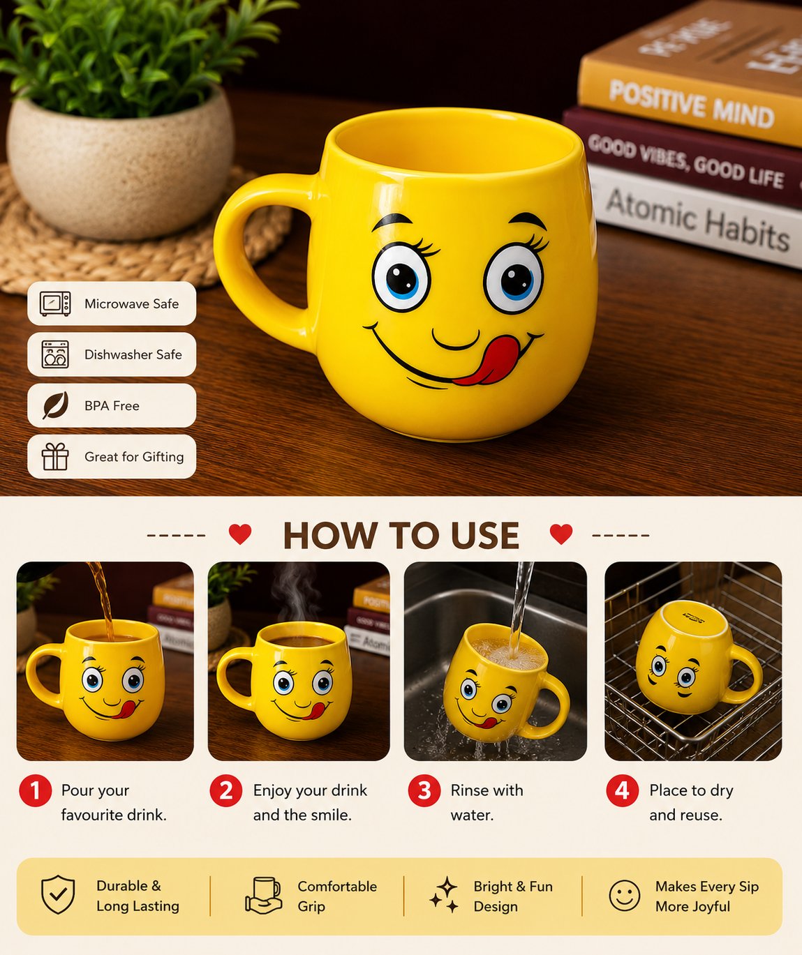 Cute Smiley Face Yellow Ceramic Coffee Mug | Emoji Printed Tea & Coffee Cup - alternate view