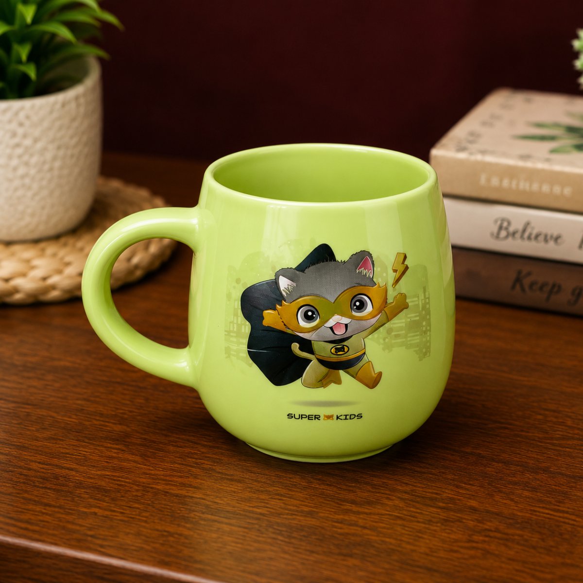 Super Kids Green Ceramic Coffee Mug | Cute Superhero Cat Printed Tea & Coffee Cup