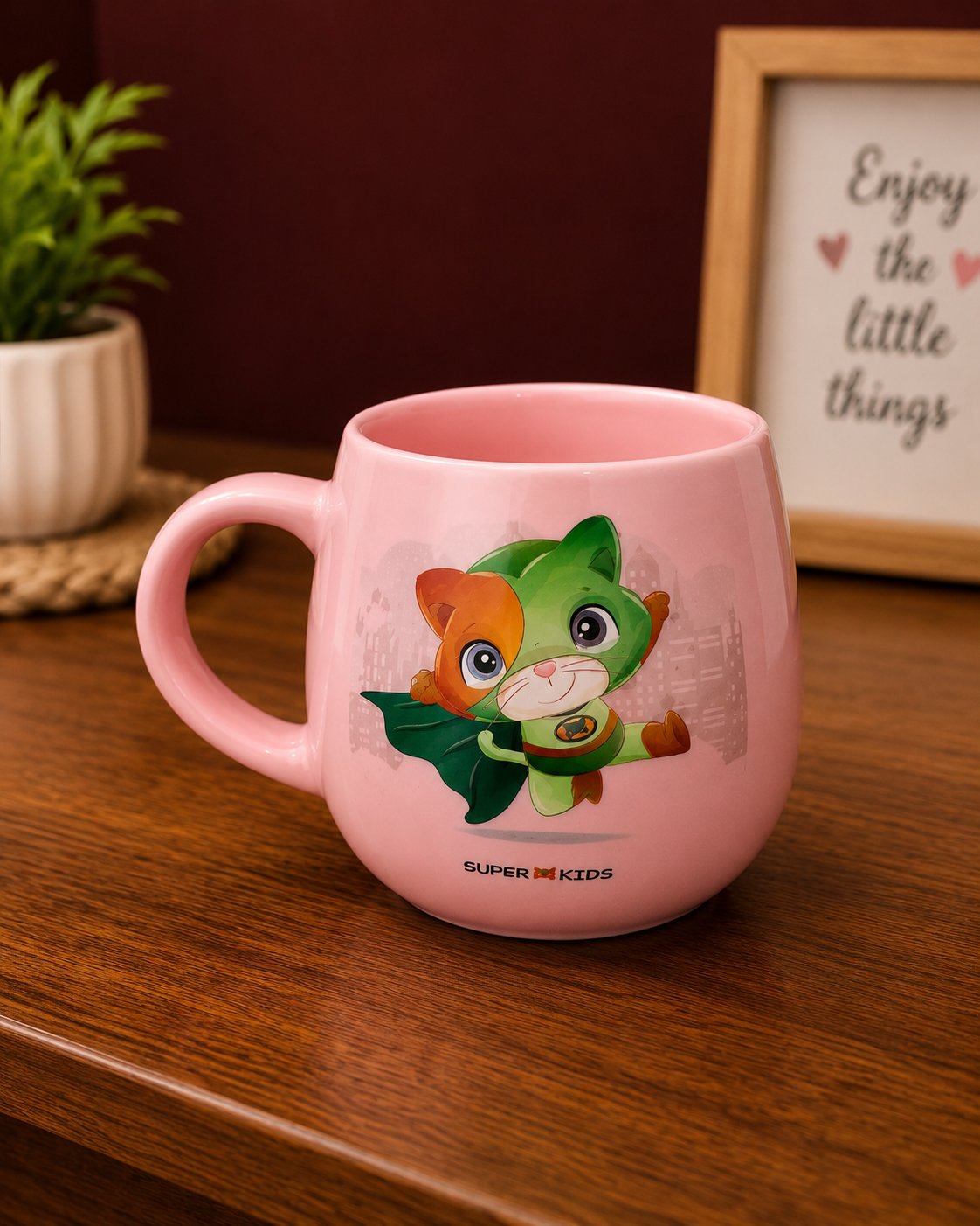 Super Kids Pink Ceramic Coffee Mug | Cute Superhero Cat Printed Tea & Coffee Cup