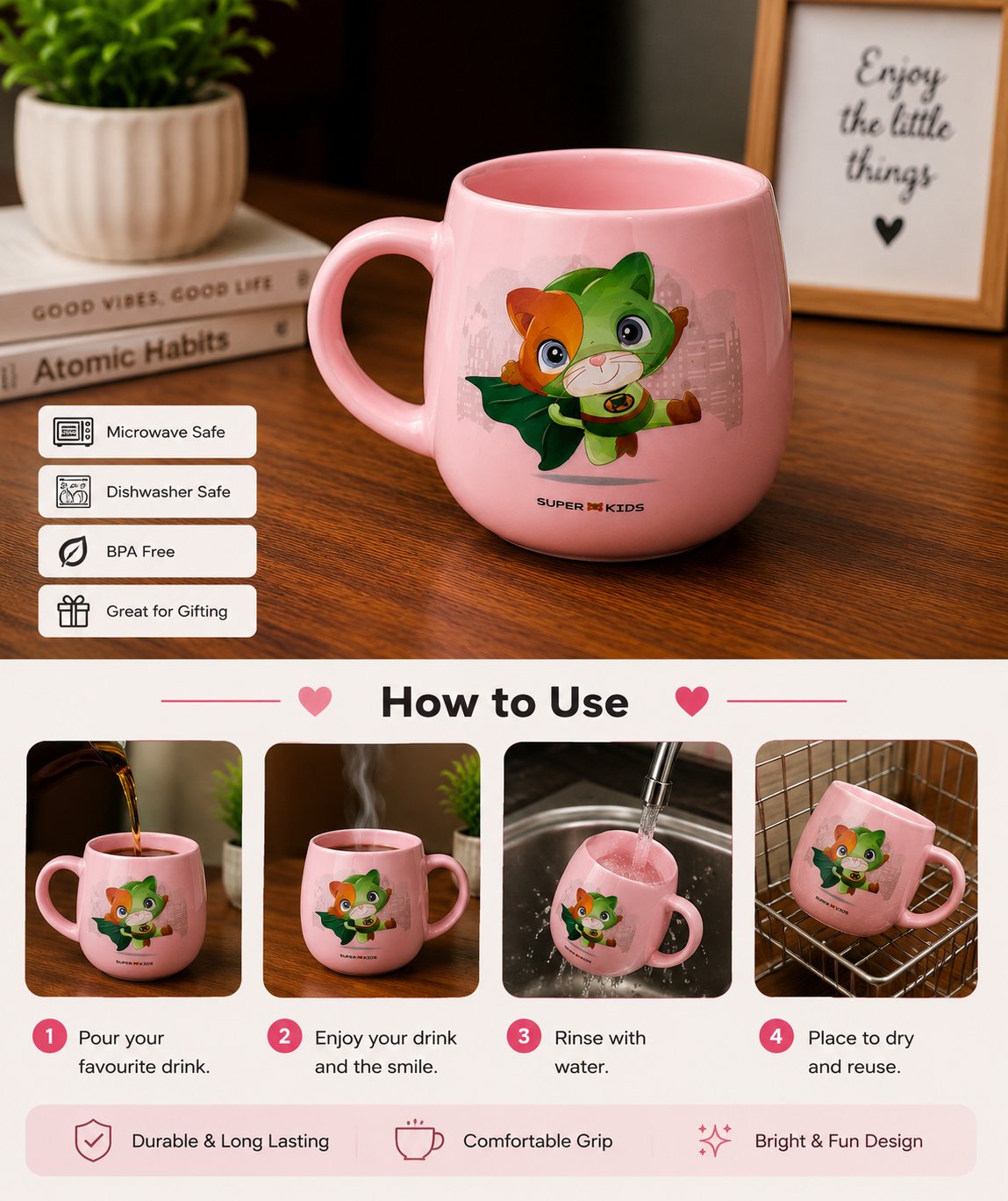 Super Kids Pink Ceramic Coffee Mug | Cute Superhero Cat Printed Tea & Coffee Cup - alternate view