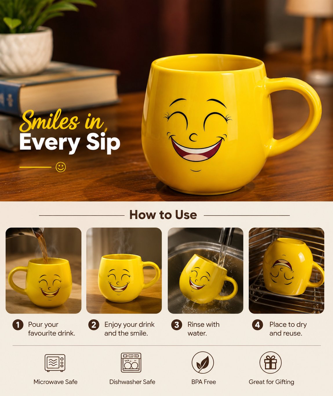Happy Smiley Face Yellow Ceramic Coffee Mug | Emoji Printed Tea & Coffee Cup - alternate view