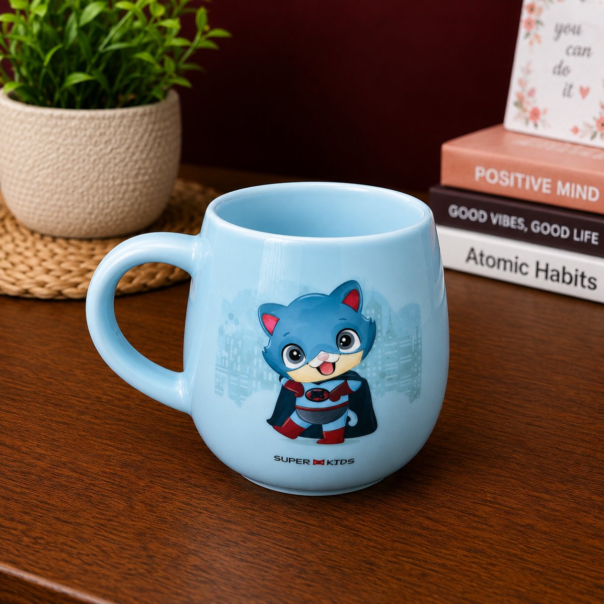 Super Kids Blue Ceramic Coffee Mug | Cute Superhero Cat Printed Tea & Coffee Cup