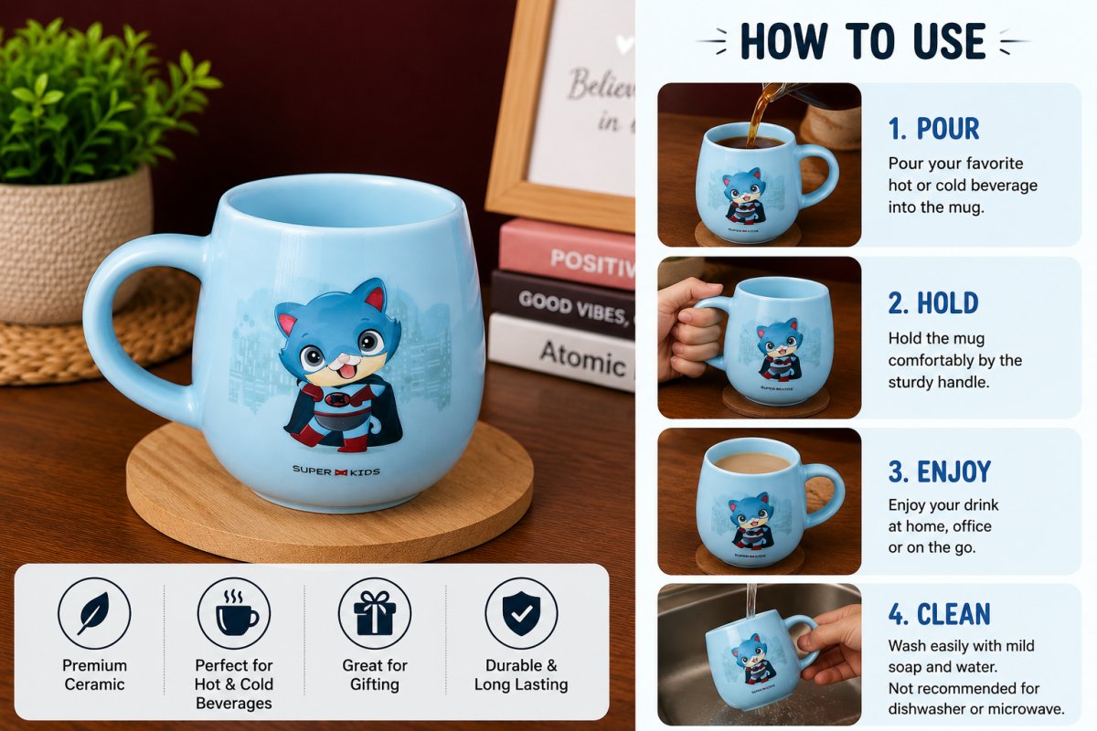 Super Kids Blue Ceramic Coffee Mug | Cute Superhero Cat Printed Tea & Coffee Cup - alternate view