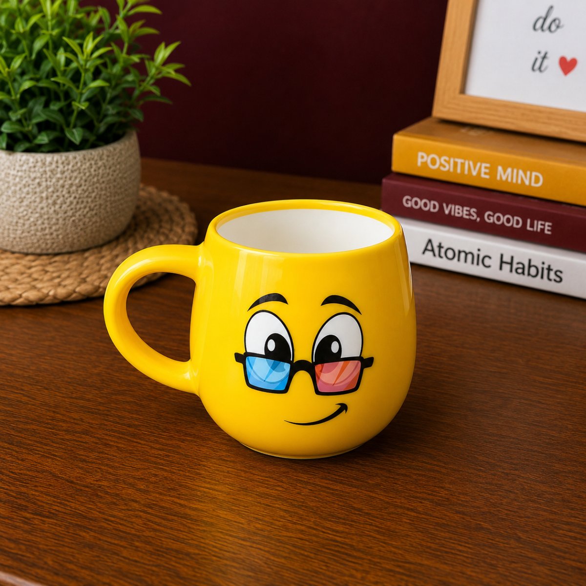 Emoji Face Yellow Ceramic Coffee Mug with 3D Glasses Print