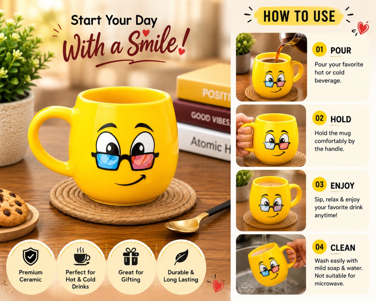 Emoji Face Yellow Ceramic Coffee Mug with 3D Glasses Print - alternate view