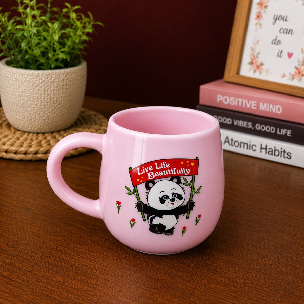 Cute Panda Pink Ceramic Coffee Mug | "Live Life Beautifully" Printed Tea & Coffee Cup