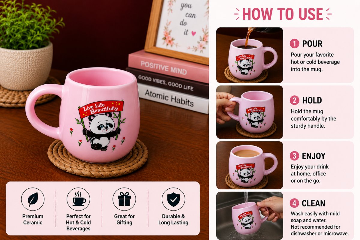 Cute Panda Pink Ceramic Coffee Mug | "Live Life Beautifully" Printed Tea & Coffee Cup - alternate view